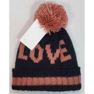 Kensie Womens Beanie Winter Hat Toboggan Black Pink With Pom "Love" Cuffed New!